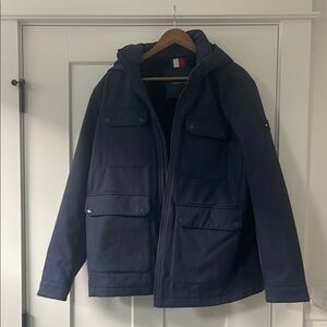 Blue Military Field Jacket with Utility Style and Textured Surface